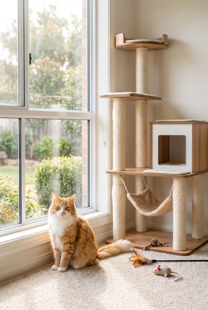 A real photograph of an indoor cat sitting beside a window with a cat tree and toys visible