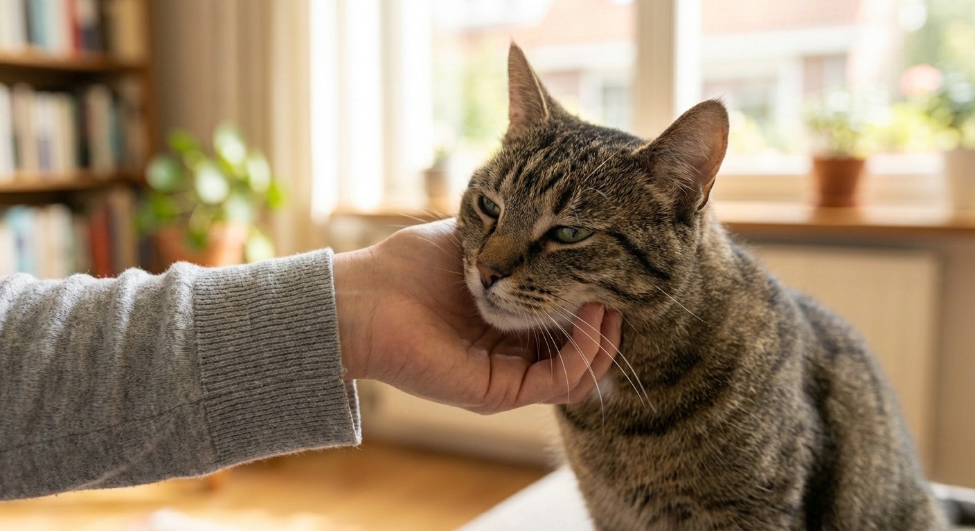 A real photograph of an indoor tabby cat rubbing her cheek against a person’s hand