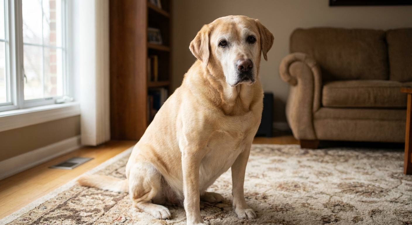 A real photograph of an older Labrador Retriever sitting calmly in a living room with soft natural window light, showing a healthy body condition, photorealistic