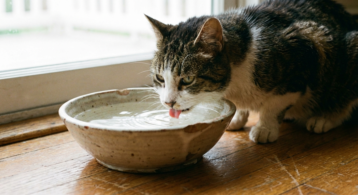 A real photograph of an older cat drinking from a wide ceramic water bowl on a hardwood floor, soft natural light, close-up angle