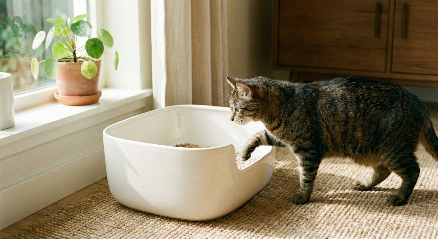 A real photograph of an older cat stepping into a low-entry litter box in a quiet room