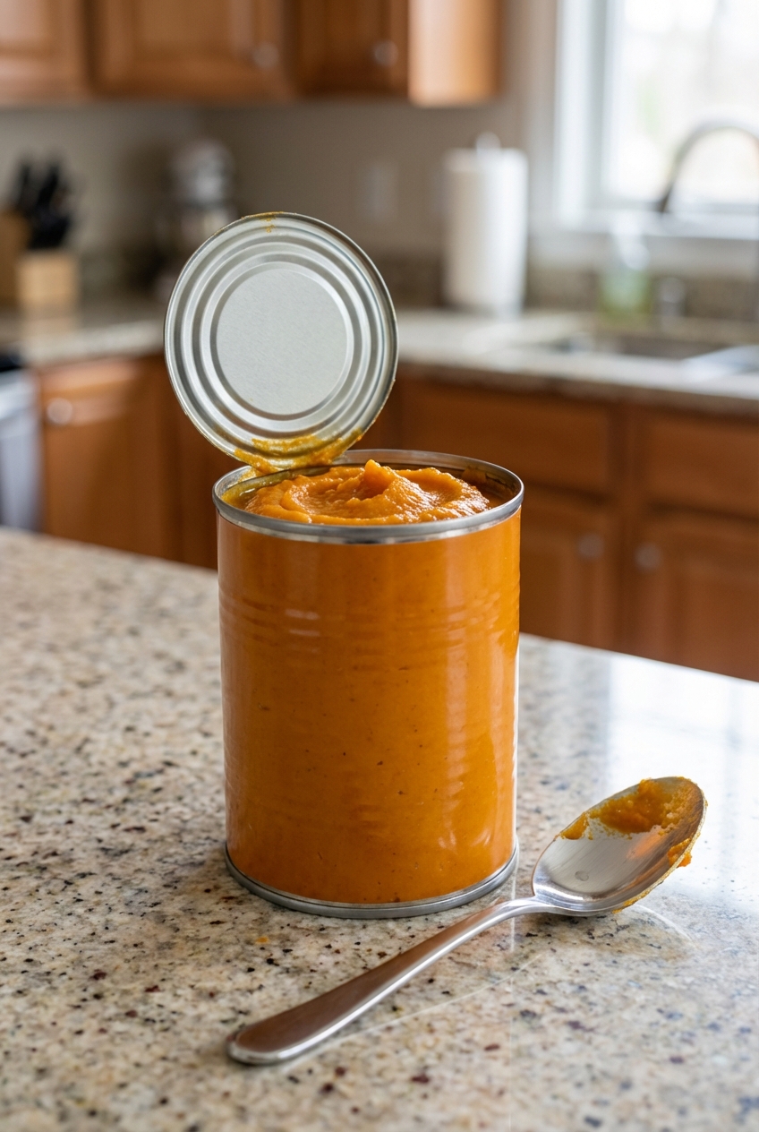 A real photograph of an open can of plain pumpkin puree with a spoon resting beside it on a kitchen counter
