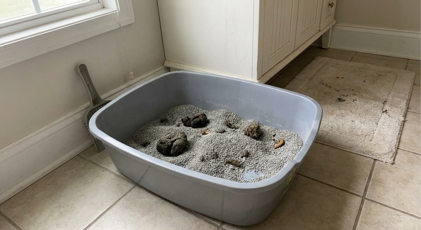A real photograph of an open cat litter box with several large clumps of clumping litter visible, indoor home setting