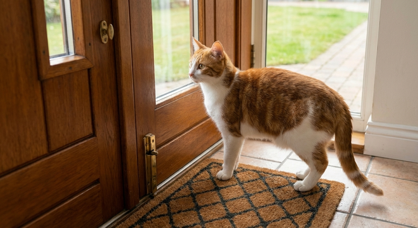 A real photograph of an orange-and-white cat standing by a front door looking alert