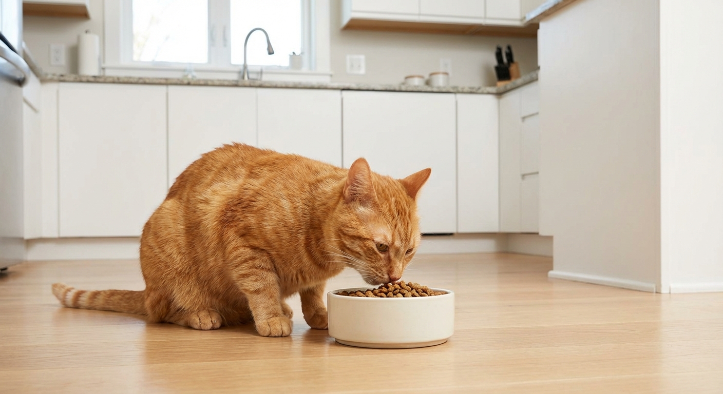A real photograph of an orange cat eating from a simple ceramic bowl in a clean kitchen