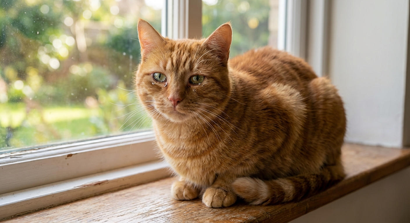 A real photograph of an orange tabby cat sitting near a window with slightly watery eyes
