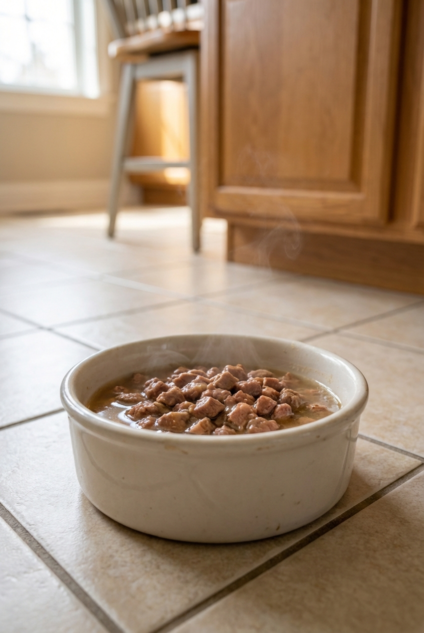 A real photograph of canned cat food in a bowl with a small amount of added warm water, sitting on a kitchen floor
