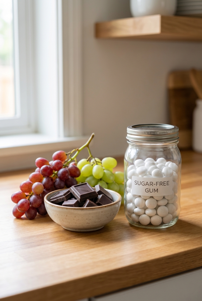 A real photograph of common kitchen items including chocolate pieces, grapes, and a jar of sugar-free gum on a countertop