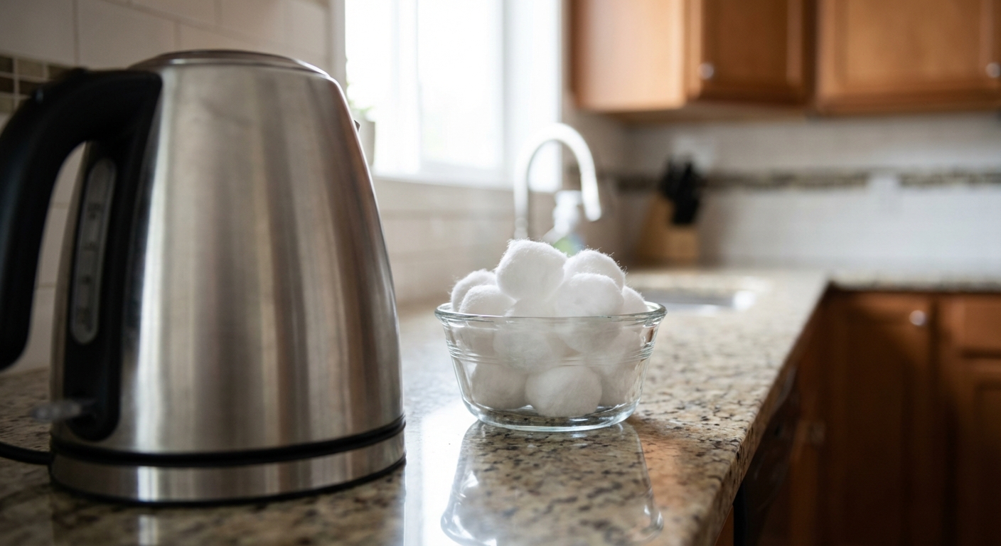 A real photograph of cotton balls in a small glass dish placed behind a kitchen appliance