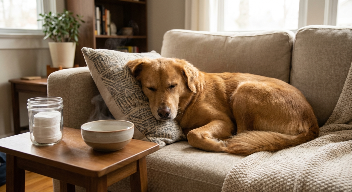A real photograph of cotton pads and a small bowl of warm water next to a calm dog resting on a couch