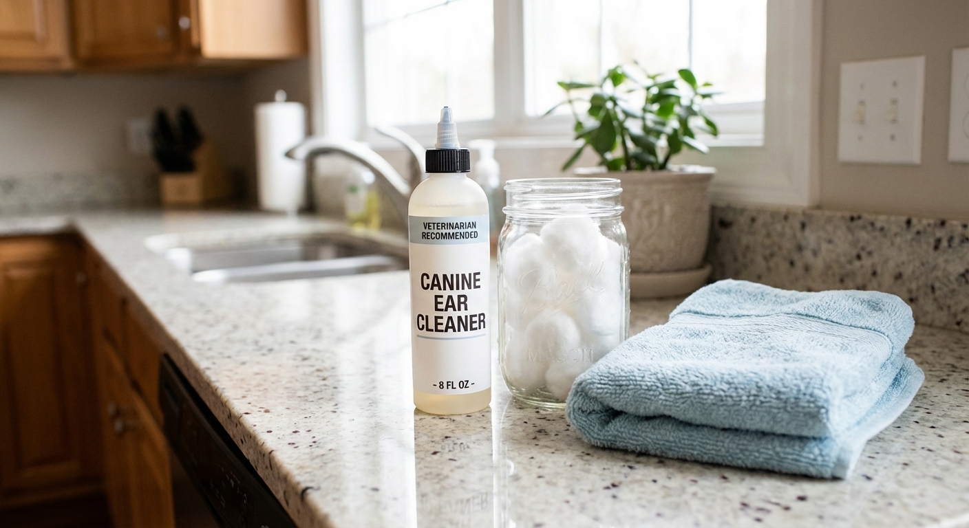 A real photograph of dog ear cleaning supplies on a kitchen counter including a veterinarian-labeled ear cleaner bottle, cotton balls, and a folded towel