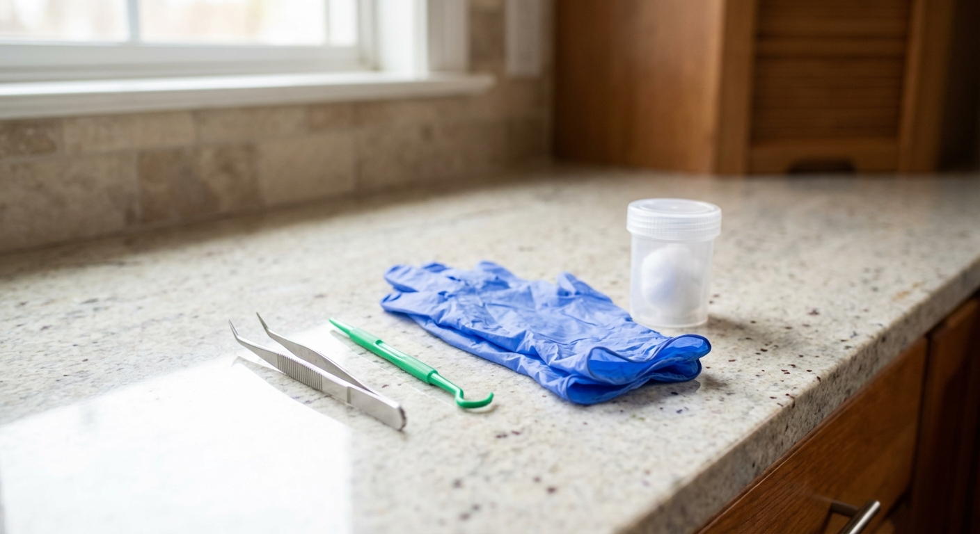 A real photograph of fine-tipped tweezers, a tick removal hook, gloves, and a small sealed container on a kitchen counter