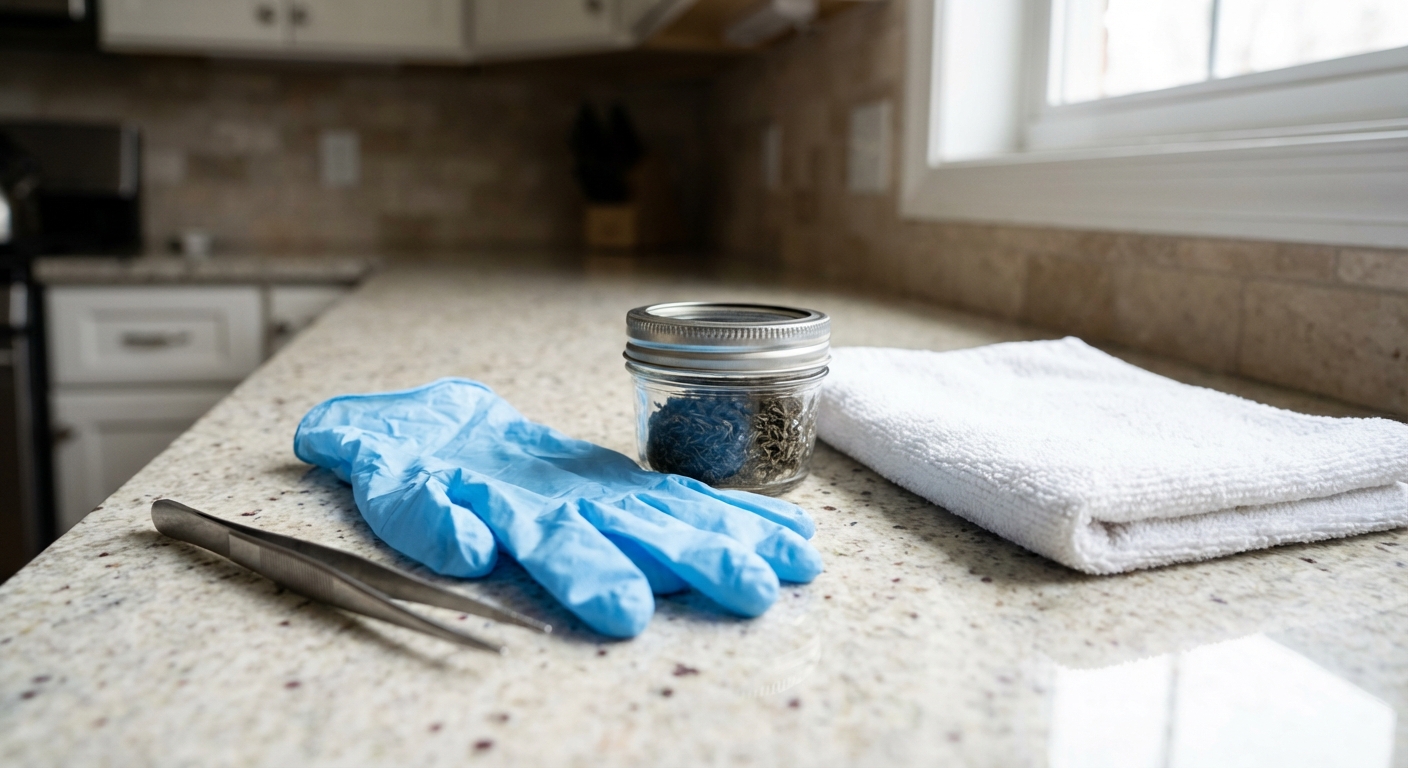 A real photograph of fine-tipped tweezers, disposable gloves, a small sealed jar, and a folded towel laid out on a kitchen counter