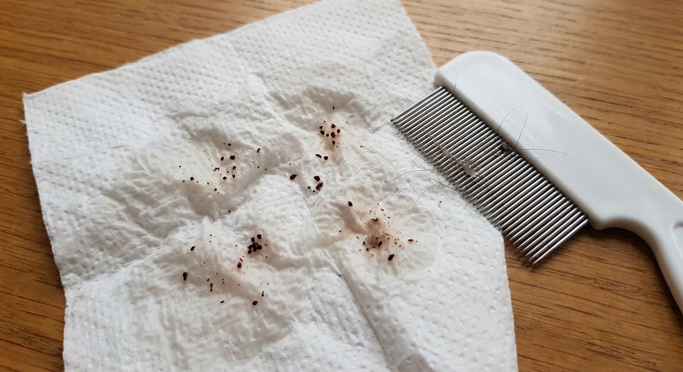 A real photograph of flea dirt specks on a damp white paper towel next to a flea comb