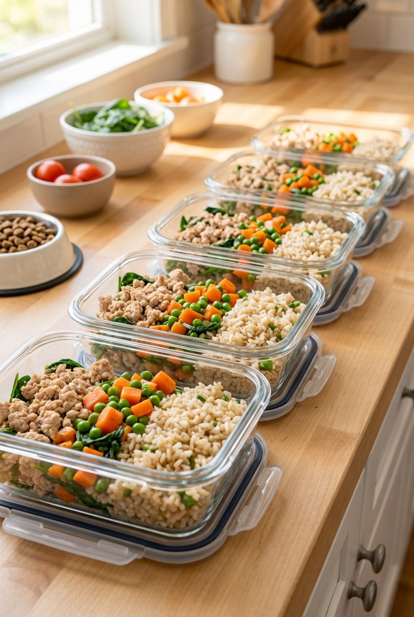 A real photograph of glass meal prep containers filled with homemade dog food portions lined up on a kitchen counter