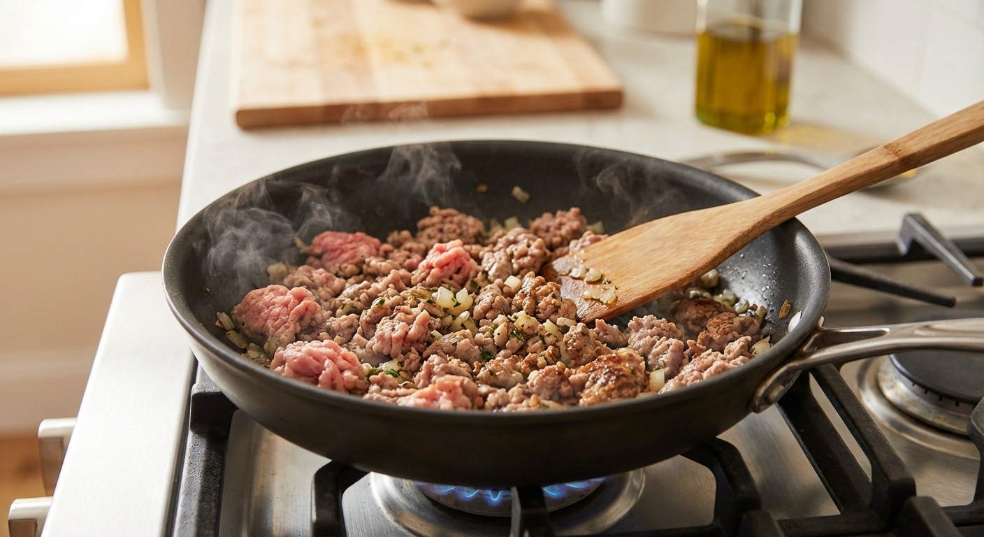A real photograph of ground turkey gently cooking in a nonstick skillet on a stovetop