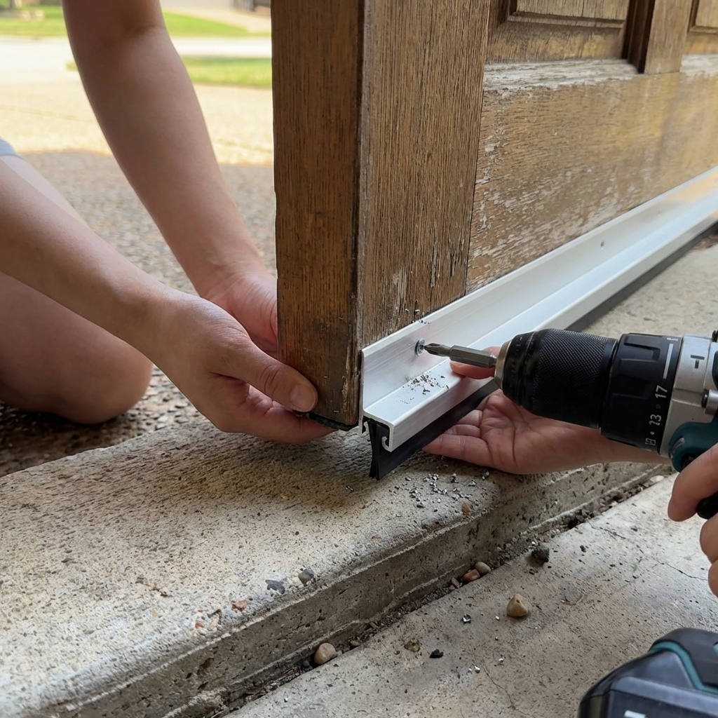 A real photograph of hands installing a door sweep on an exterior door threshold