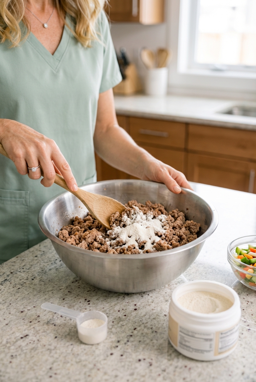 A real photograph of hands mixing cooked ground turkey with a measured powdered supplement in a stainless steel bowl on a kitchen counter
