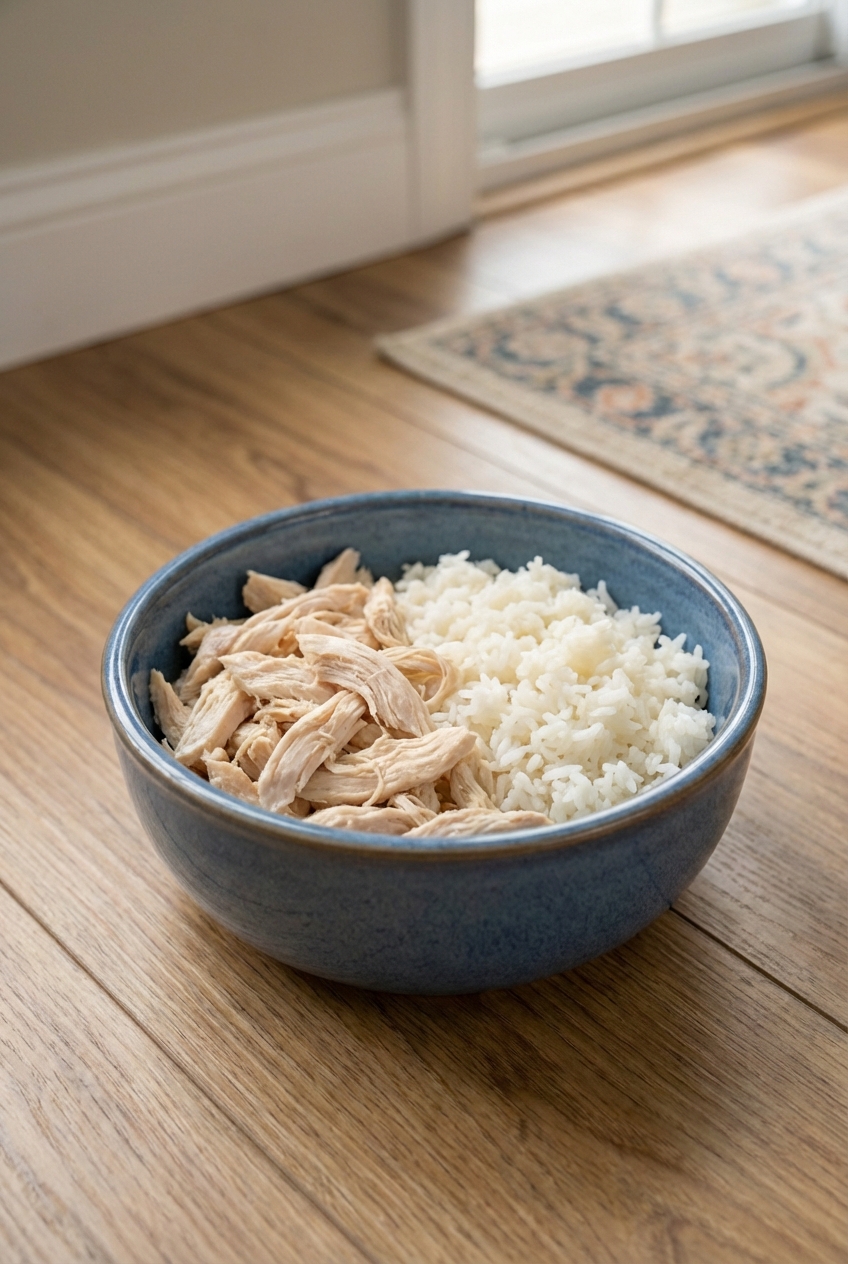 A real photograph of plain cooked chicken and white rice in a dog bowl on a kitchen floor