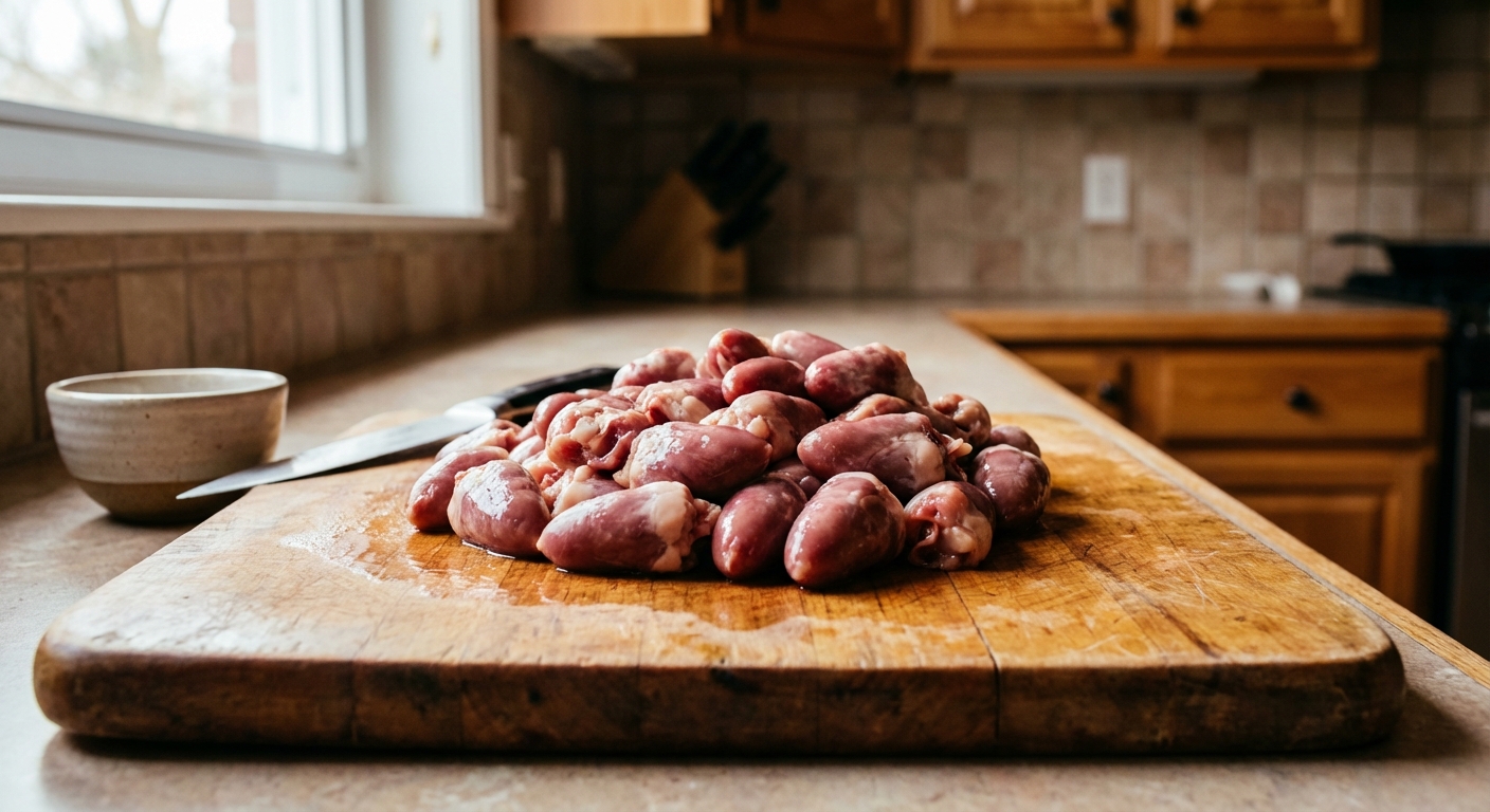 A real photograph of raw chicken hearts on a cutting board in a home kitchen