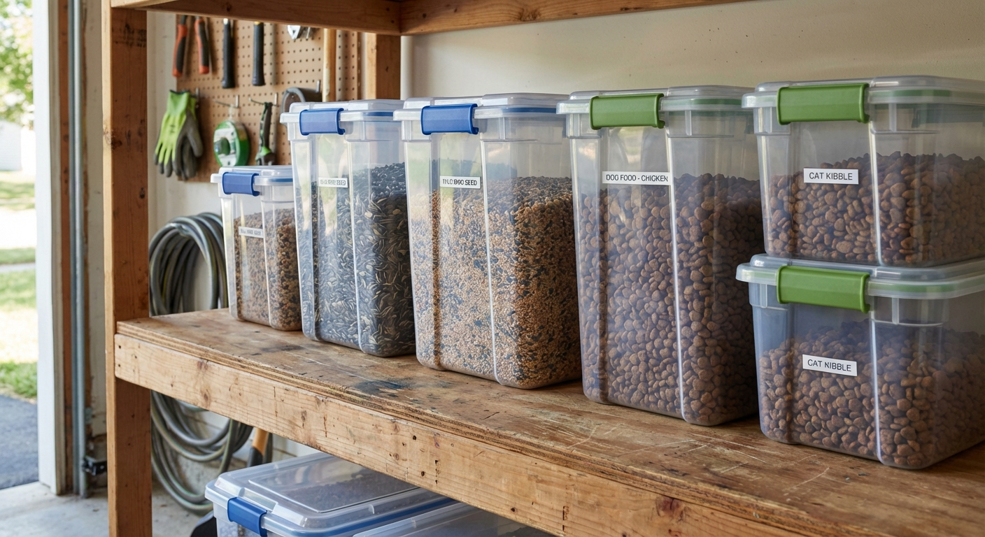 A real photograph of sealed plastic storage bins for bird seed and pet food on a garage shelf