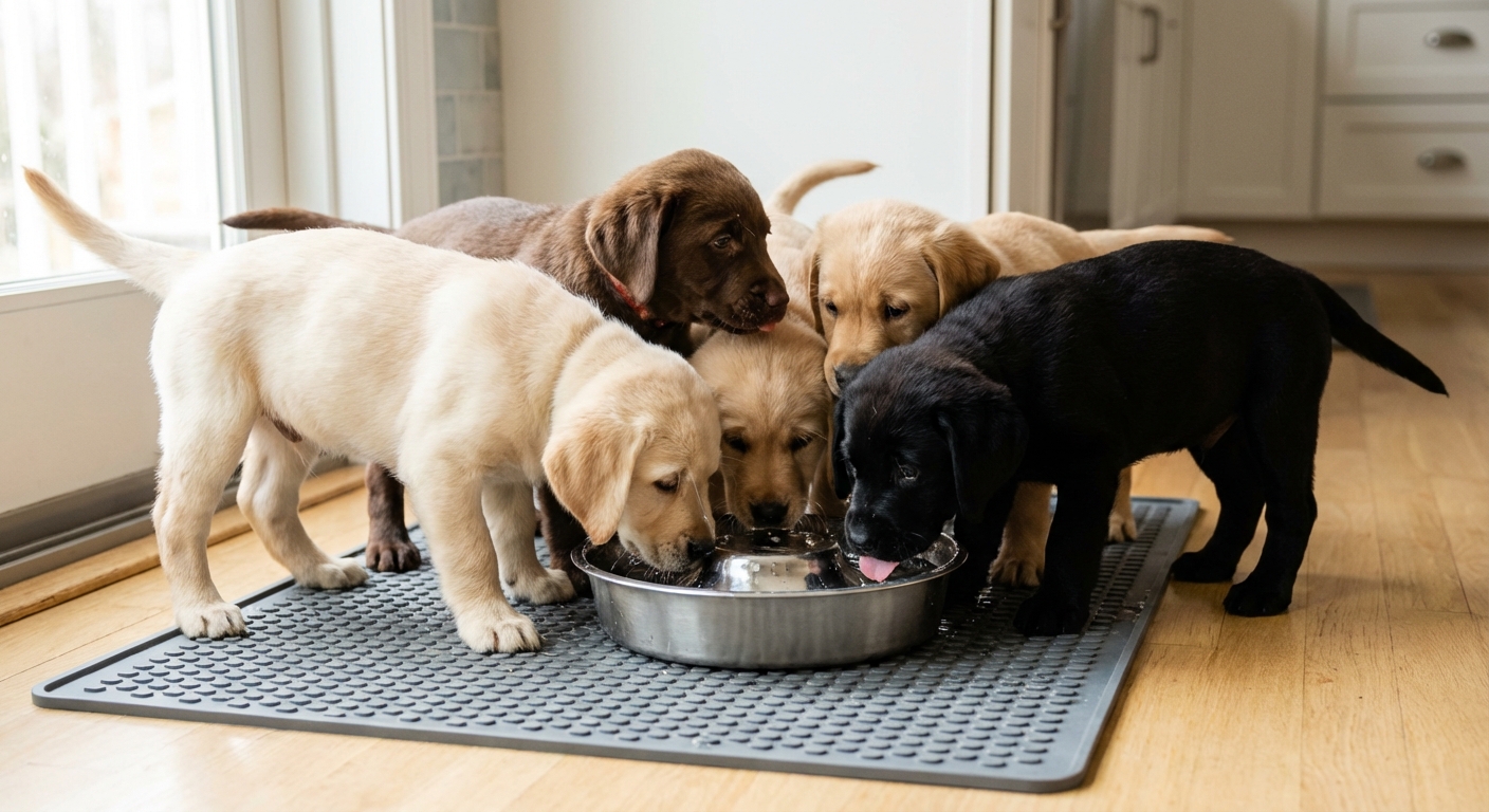 A real photograph of several puppies standing on a non-slip mat while drinking from a shallow water dish