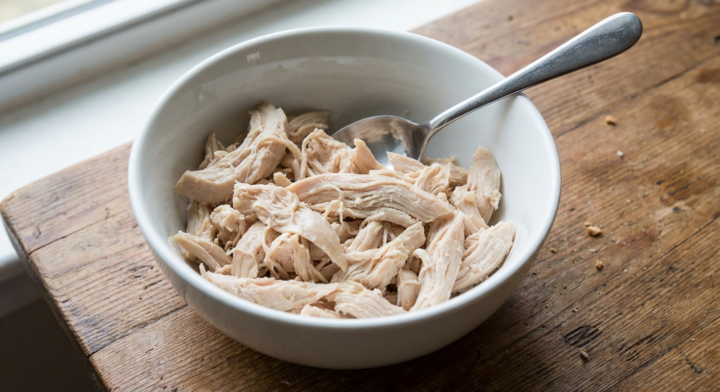 A real photograph of shredded cooked chicken in a plain white bowl with a spoon on a wooden table