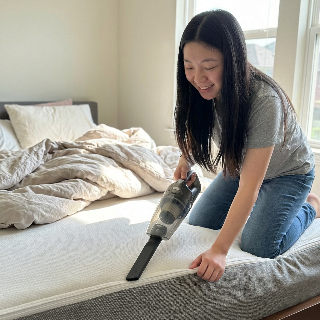 A real photograph of someone vacuuming along the edge of a mattress seam with a handheld vacuum attachment