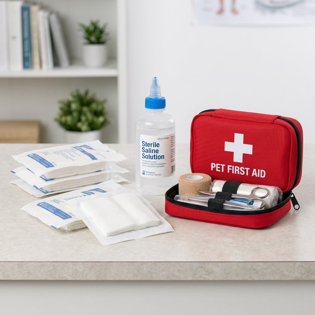 A real photograph of sterile saline and gauze pads on a clean countertop next to a small pet first-aid kit