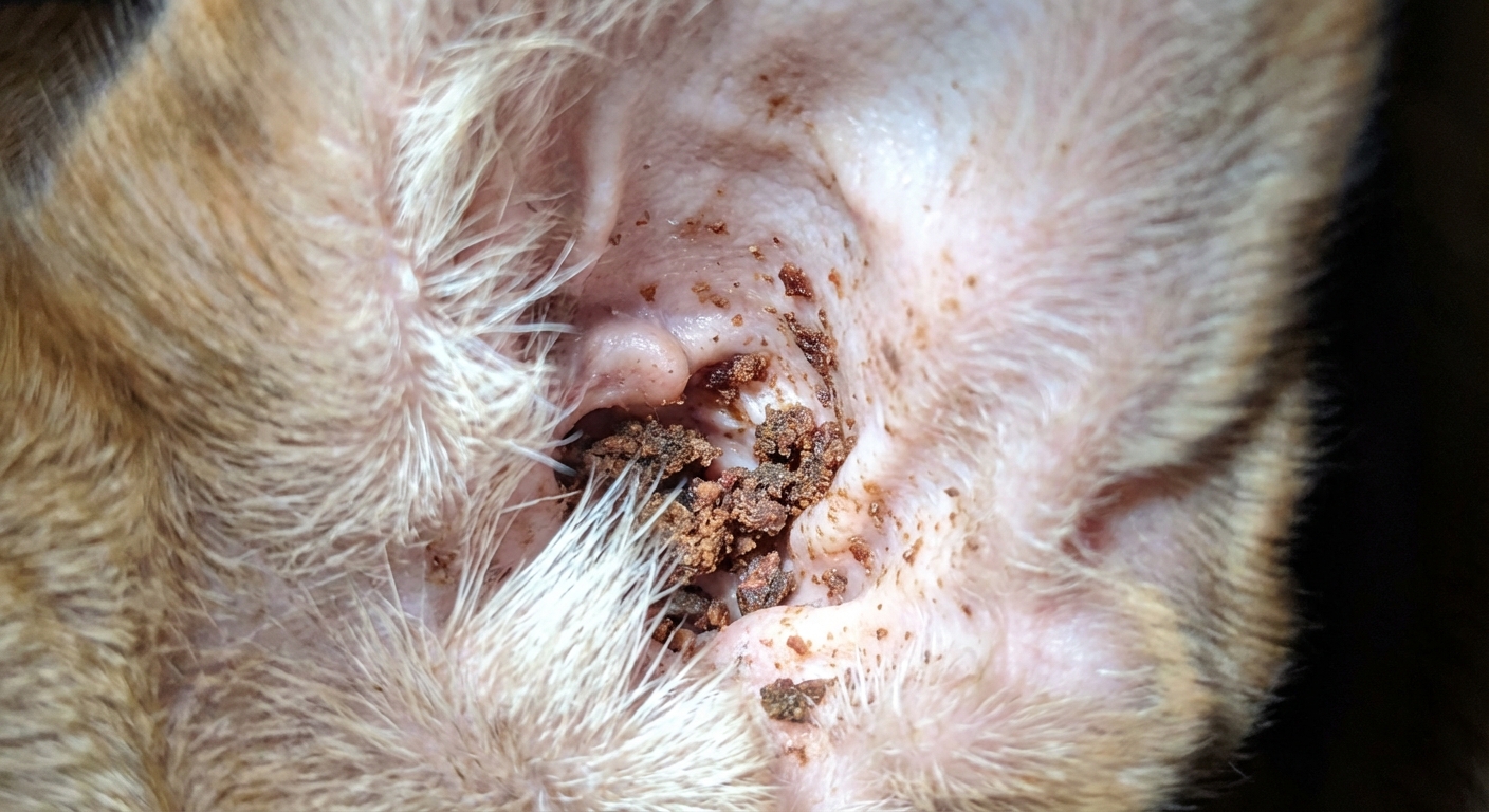 A real photograph of the inside of a dog's ear showing dark, crumbly ear debris