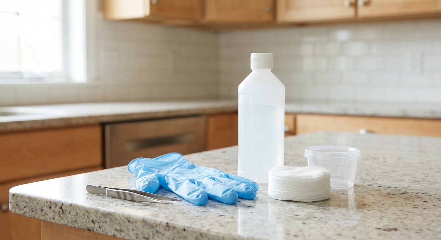 A real photograph of tick removal supplies on a kitchen counter including fine-tipped tweezers, gloves, rubbing alcohol, cotton pads, and a small lidded container
