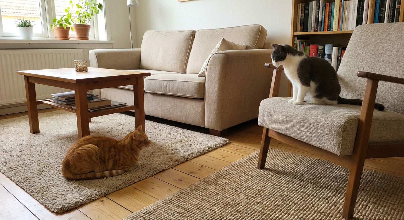 A real photograph of two cats indoors sitting several feet apart in a living room with one cat watching the other