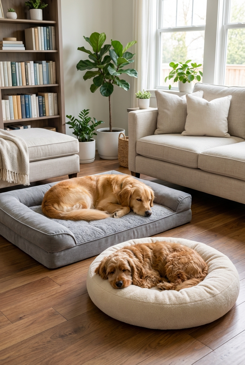 A real photograph of two dogs resting on separate clean dog beds in a tidy living room