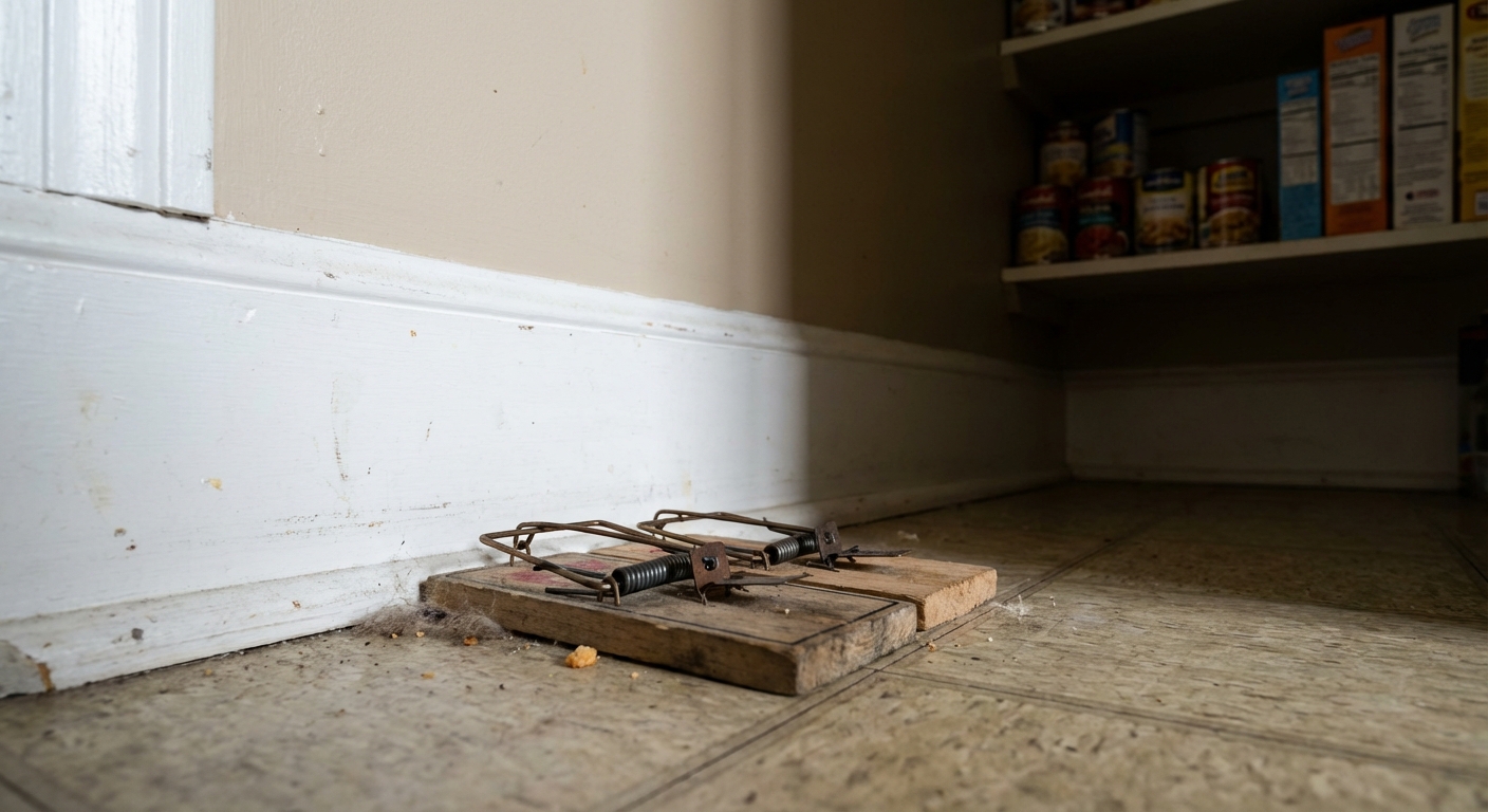 A real photograph of two snap traps placed along a baseboard in a kitchen pantry corner