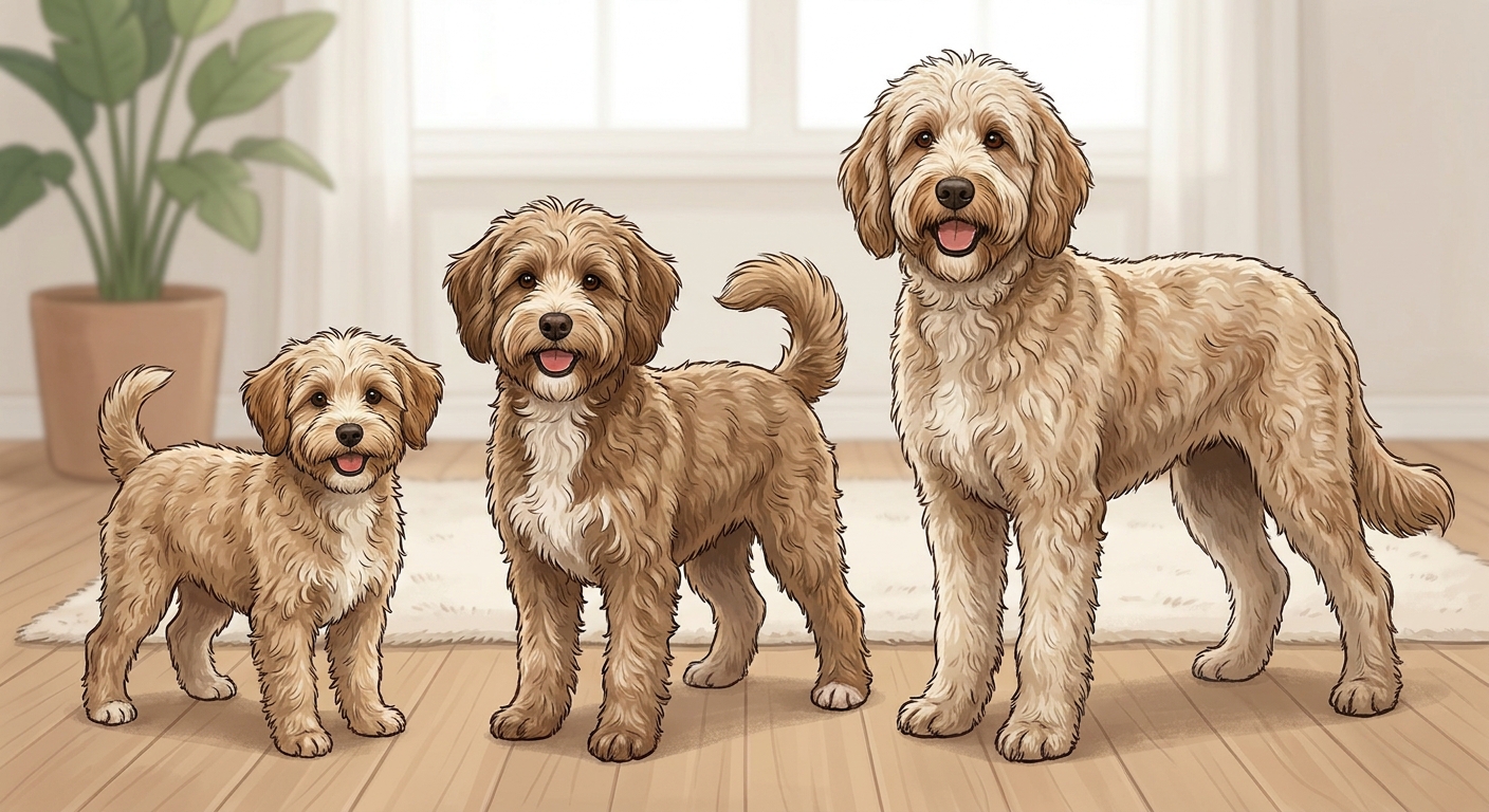 A side-by-side size comparison illustration concept showing toy, mini, and standard Schnoodle silhouettes