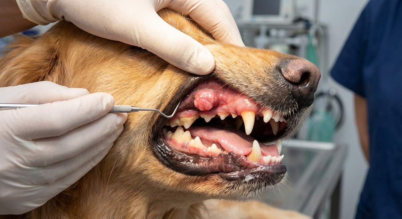 A realistic close-up photo of a dog's gums and teeth during an exam, showing a raised irregular mass on the gumline with mild redness around it under veterinary clinic lighting