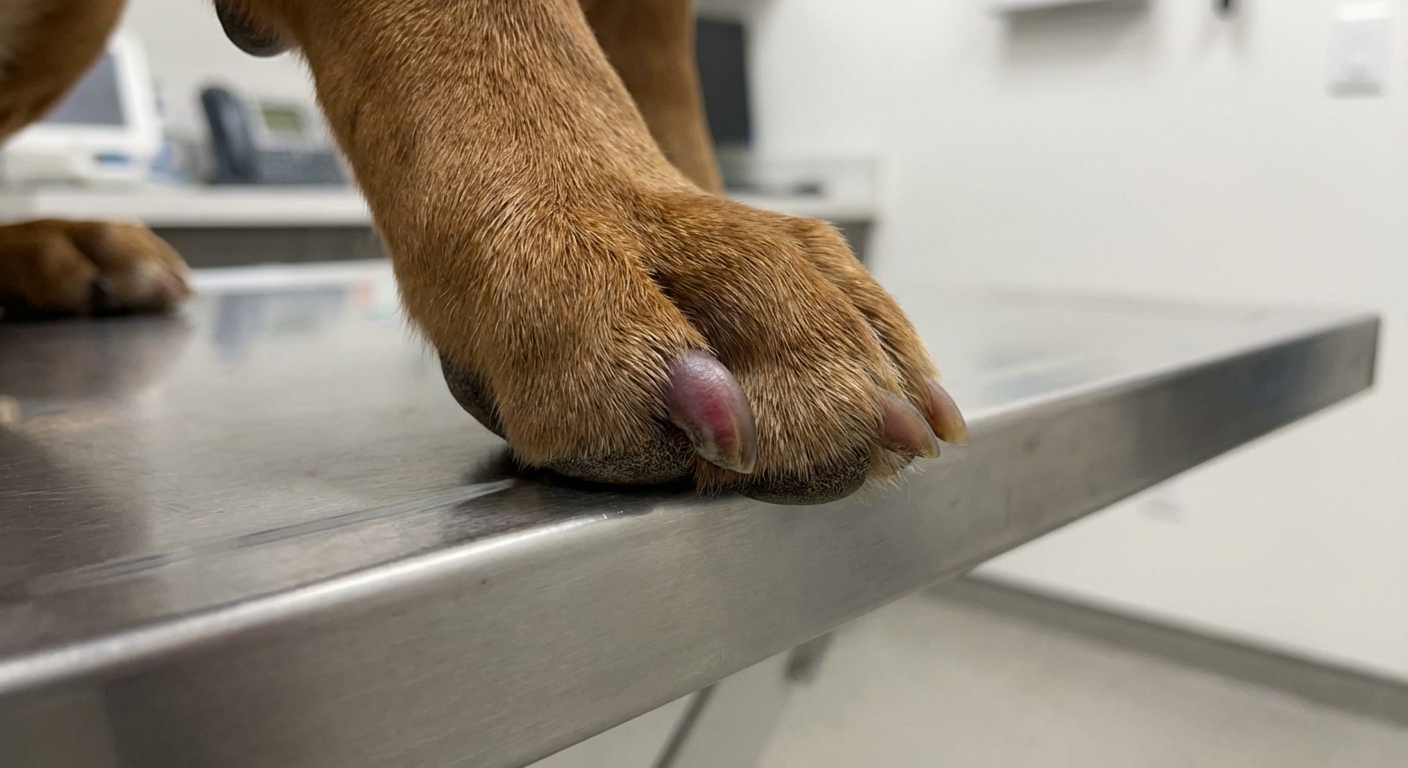 A realistic close-up photo of a dog's paw on an exam table showing swelling and discoloration around one toenail, with the dog’s fur and toes in sharp focus under clinic lighting