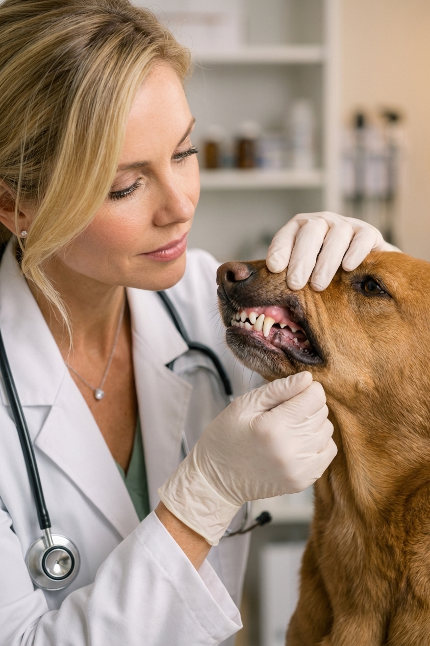 A realistic close-up photo of a person gently lifting a dog's lip to check the gums, showing the dog’s front teeth and pink gums, calm indoor lighting