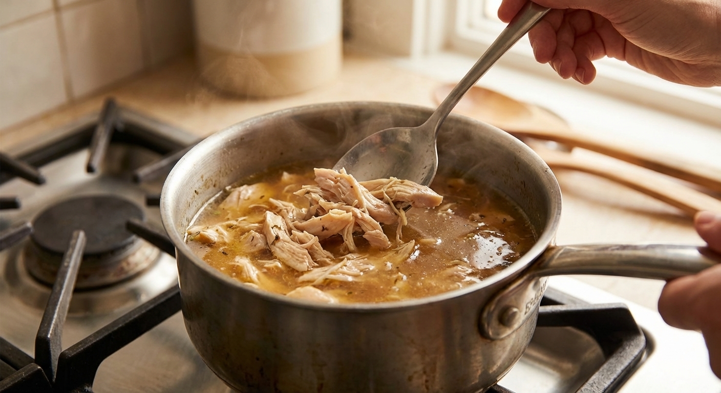 A realistic close-up photo of a spoon stirring shredded chicken in warm broth inside a small saucepan on a stovetop, soft natural kitchen lighting