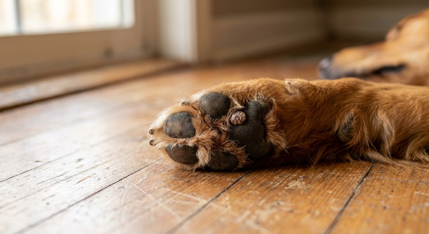 A realistic close-up photograph of a dog paw resting on a wooden floor, showing a small rough, raised wart-like growth near a toe pad, with natural window light and shallow depth of field