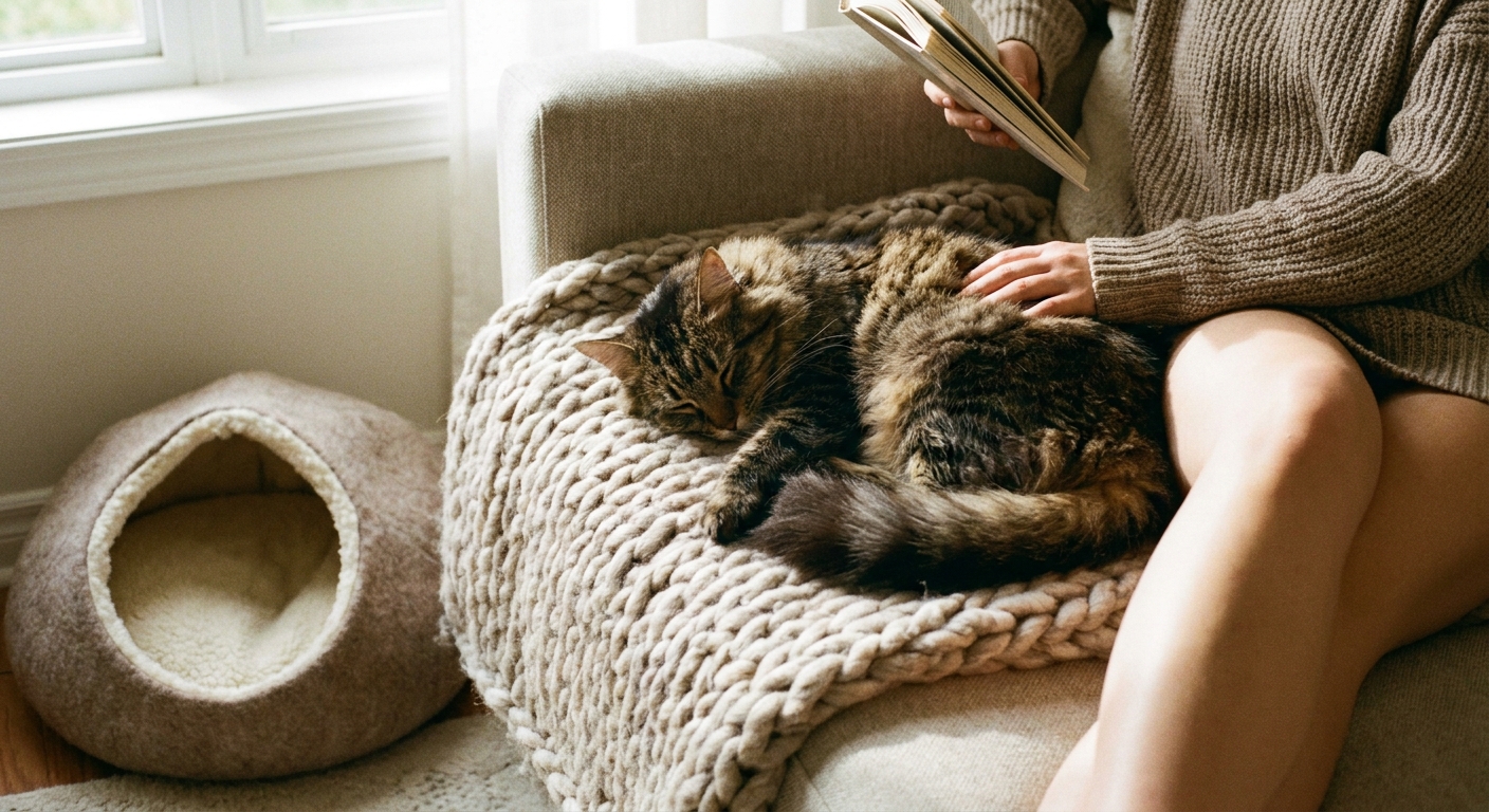 A cat resting on a nearby blanket next to a person on a couch with a cozy cat bed visible