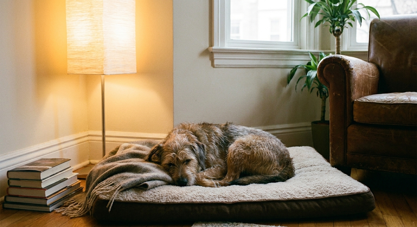 A medium-sized dog resting in a quiet indoor corner on a dog bed near a soft lamp