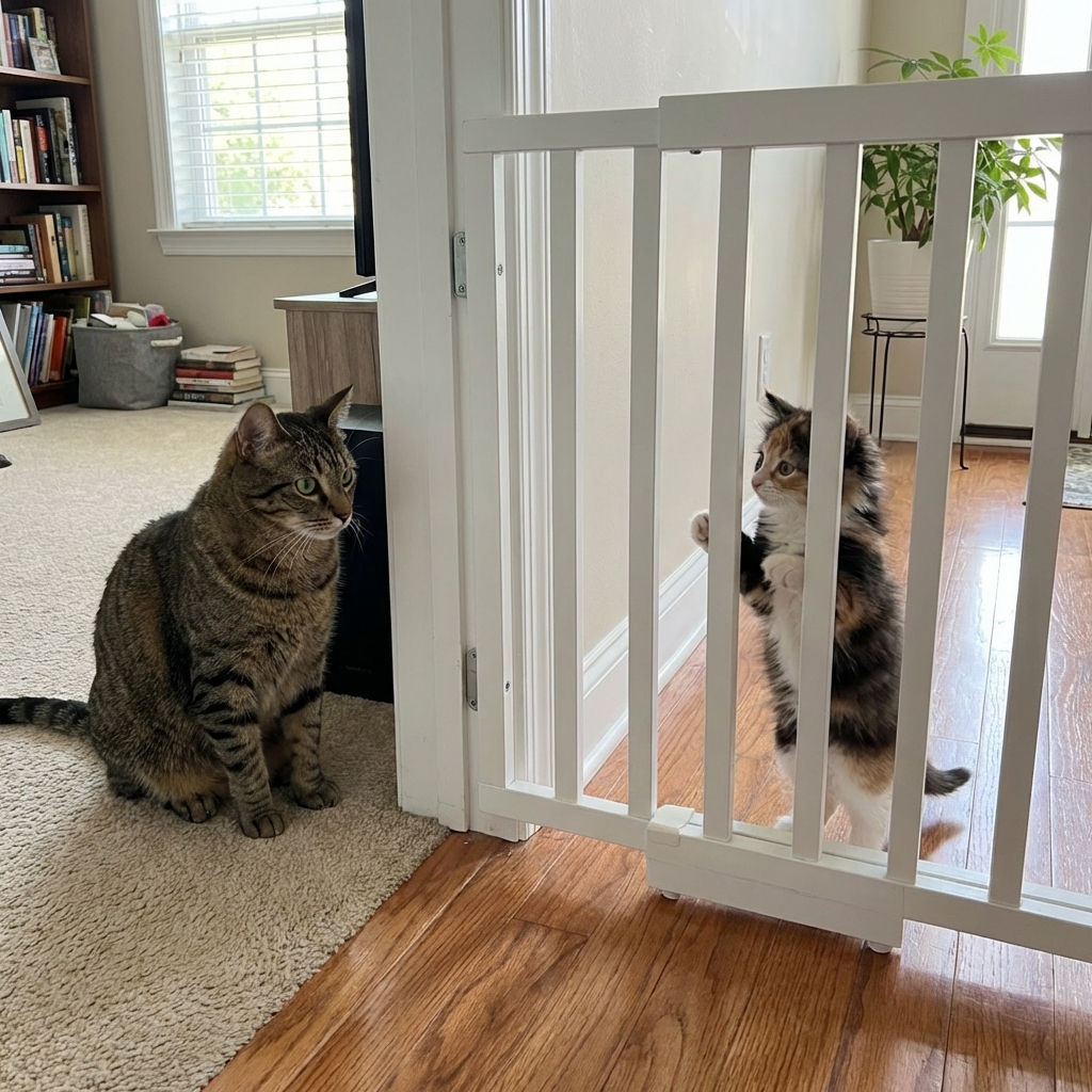 A realistic photo of a baby gate between two rooms with an older cat sitting quietly on one side and a kitten on the other