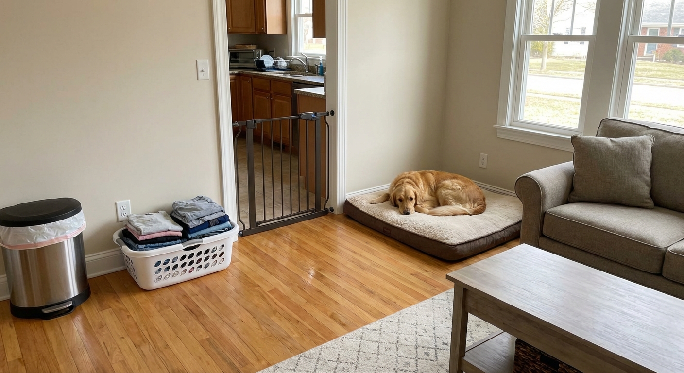 A realistic photo of a dog-proofed living room with laundry picked up and a dog resting calmly on a bed