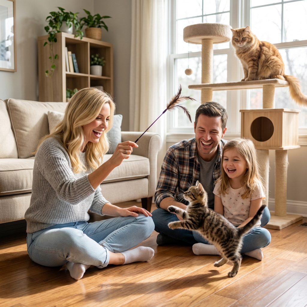 A realistic photo of a family sitting on a living room floor using a wand toy with a kitten while an older cat watches from a cat tree