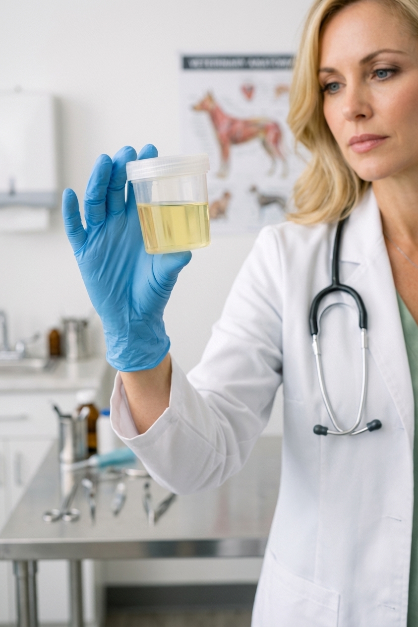 A realistic photo of a gloved hand holding a clear plastic urine sample cup containing pale yellow urine in a veterinary exam room
