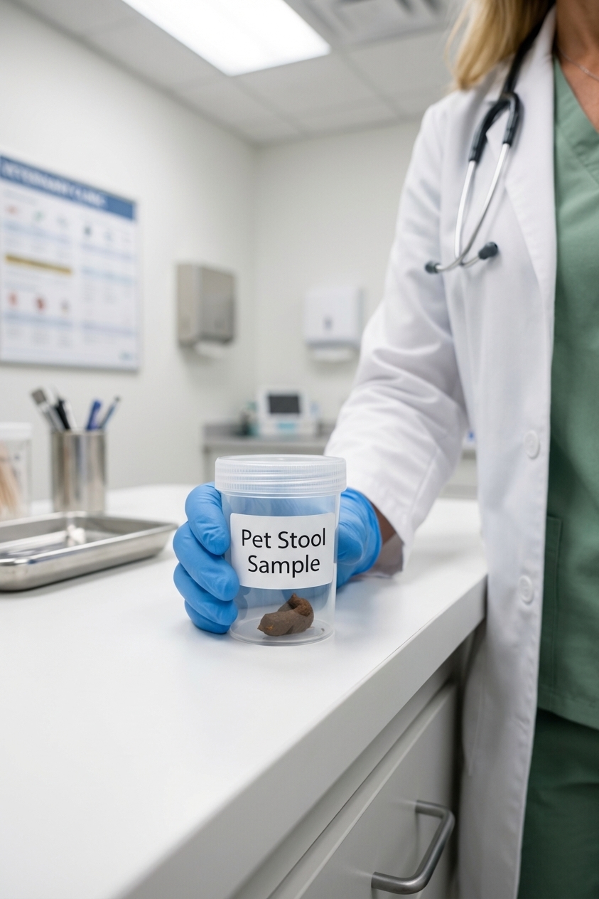 A realistic photo of a gloved hand holding a sealed plastic container used for a pet stool sample, placed on a clean clinic counter under bright light