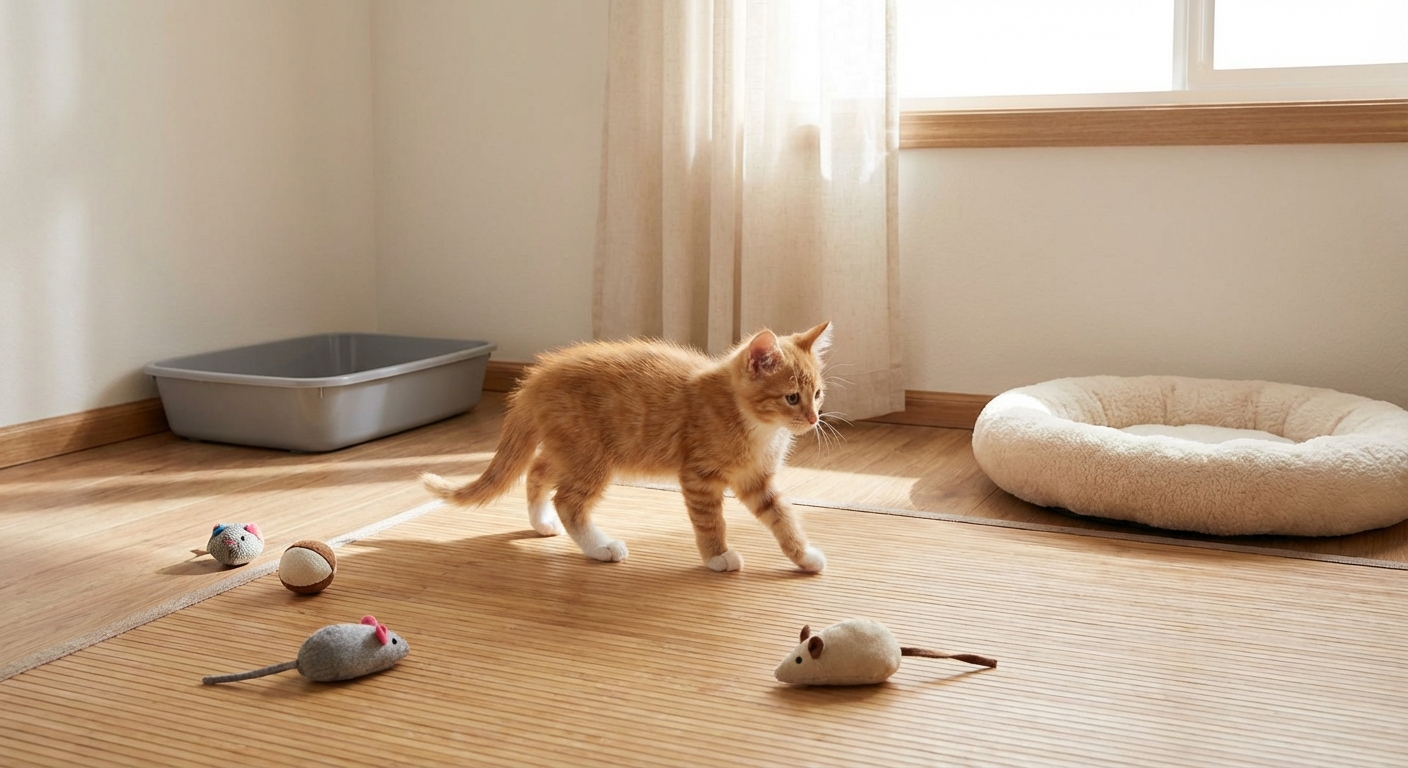 A realistic photo of a kitten in a small quiet room with a litter box, bed, and toys spaced apart