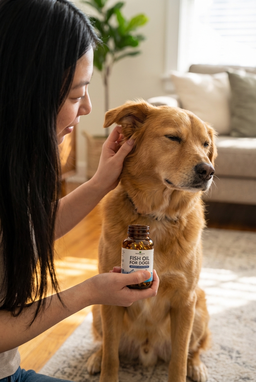 A realistic photo of a medium-sized dog being gently petted while a person holds a small bottle of fish oil capsules nearby