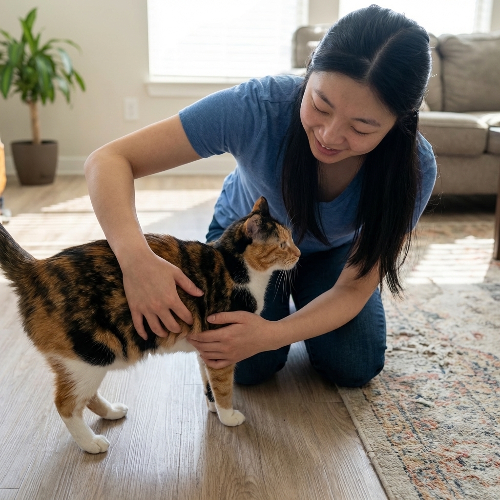 A realistic photo of a person gently feeling a cat's rib area while the cat stands calmly on a floor, showing a wellness check moment at home